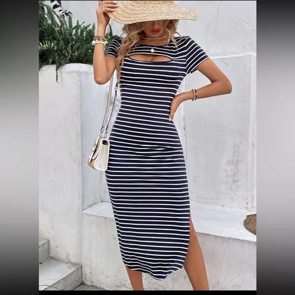 Striped Cut Out Split Thigh Dress - Picture 1 of 4